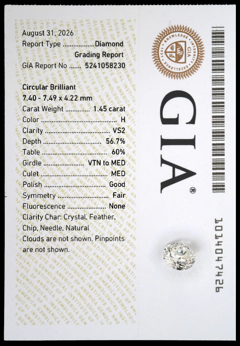 GIA Certified 1.45 Carat Diamond H Color / VS2: GIA Certified 1.45 Carat circular brilliant diamond with 'H' color and 'VS2' clarity. Includes GIA Diamond Grading Report and paperwork. Contact AAG for additional information. AAG is not responsible 
