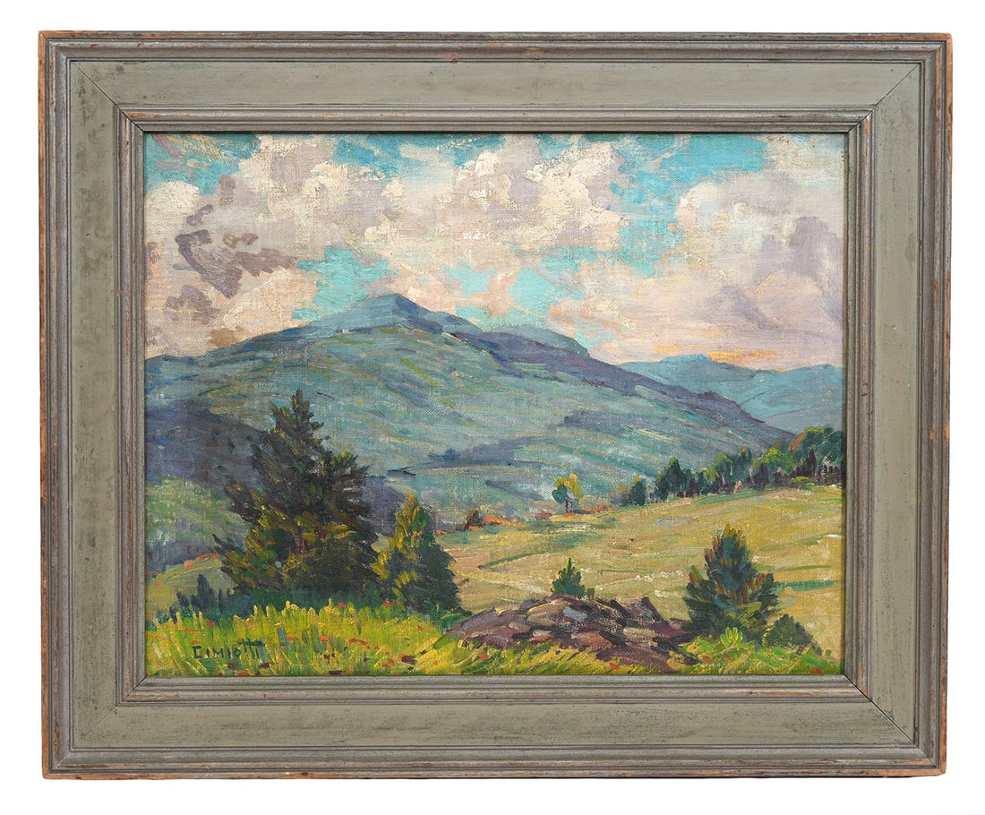 Gustave Cimiotti Jr. 'Mountain Landscape' Painting: Gustave Cimiotti Jr., American (1875-1969). 'Mountain Landscape' oil on board landscape is signed lower left and mounted in a wood frame. Measures 21"H x 25"W framed; 15.5"H x 19.5"W visual. Condition