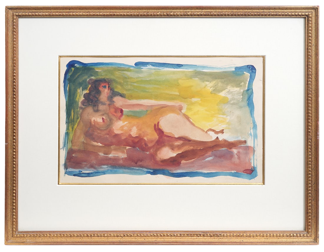 Peter Agostini Nude Watercolor Painting: Peter Agostini, American (Born 1945). Watercolor of a reclining nude is illegibly signed lower right and mounted in a carved gilt wood frame. Measures 16.25"H x 20.5"W framed; 8.5"H x 13.5"W visual. C