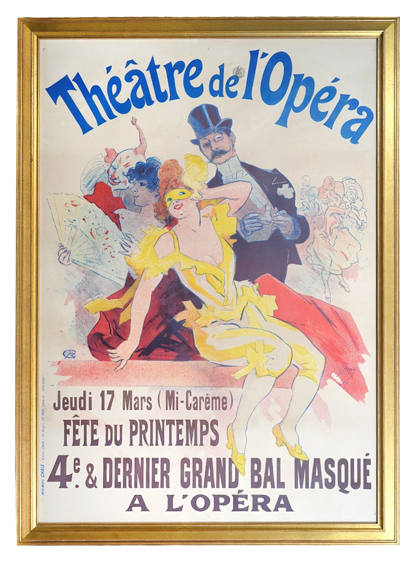 Jules Cheret Poster 'Theatre de l'Opera': Jules Cheret, French (1836-1932). Vintage Belle Epoque lithographic poster 'Theatre de l'Opera' by Cheret depicts promotional artwork for a grand masked ball. Mounted in a gilt wood frame this measure