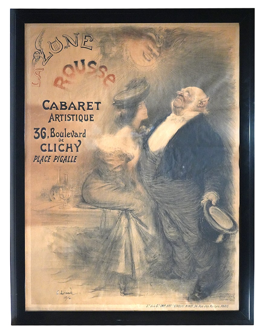 Charles Leandre Poster 'La Lune Rousee': Charles Leandre, France (1862-1934). Vintage 1904 advertising poster for the Parisian cabaret 'La Lune Rousse' depicts an artistic scene promoting a famous venue. Mounted in a glossy black frame this 
