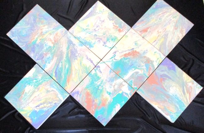 Richard Mann / 8 Piece Abstract Installation: Acrylic on masonite. Each square measures 20 x 20 x 2.75 deep. Overall image 58 x 86 when displayed. Heavily Listed Californian Abstract Expressionist painter.