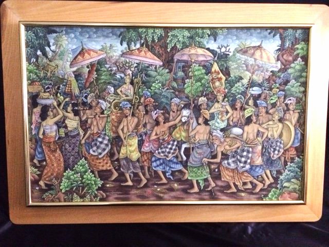 Cok.gede Herawan / Peliatan, Ubud, Bali: Measures 21 x 32 inches in image. Framed, 26 x 37 inches on wood panel frame. Acrylic on cloth, depicting a Balinese festival within a jungle setting.