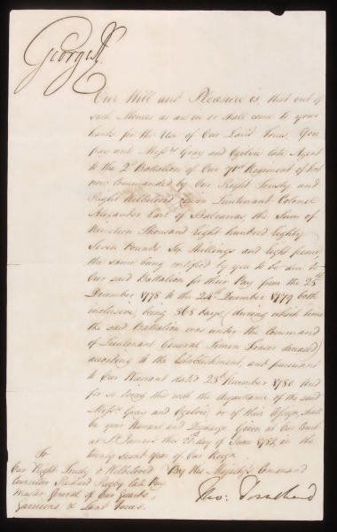 King George III Signed Pay Authorization DS 1782: King George III Signed Pay Authorization, DS, June 21, 1782 George III (George William Frederick; 4 June 1738 - 29 January 1820) (New Style dates) was King of Great Britain and King of Ireland from 25