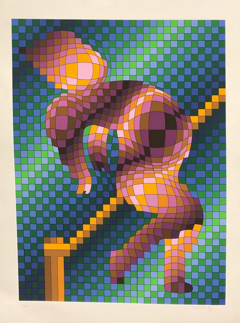 Harlequin Sportif by Victor Vasarely: Silkscreen Serigraph on paper, approx. sheet size 38" x 28.5", Pencil signed lower right, Edition number on lower left, very light margin stain