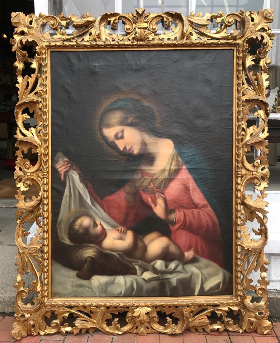 Madonna and Child: Oil on Canvas, approx size. 39.5" x 29.5", signed lower right Achille Leonadi, frame is carved Florentine frame, painting has some restoration, small patches on reverse, frame has losses, overall cond