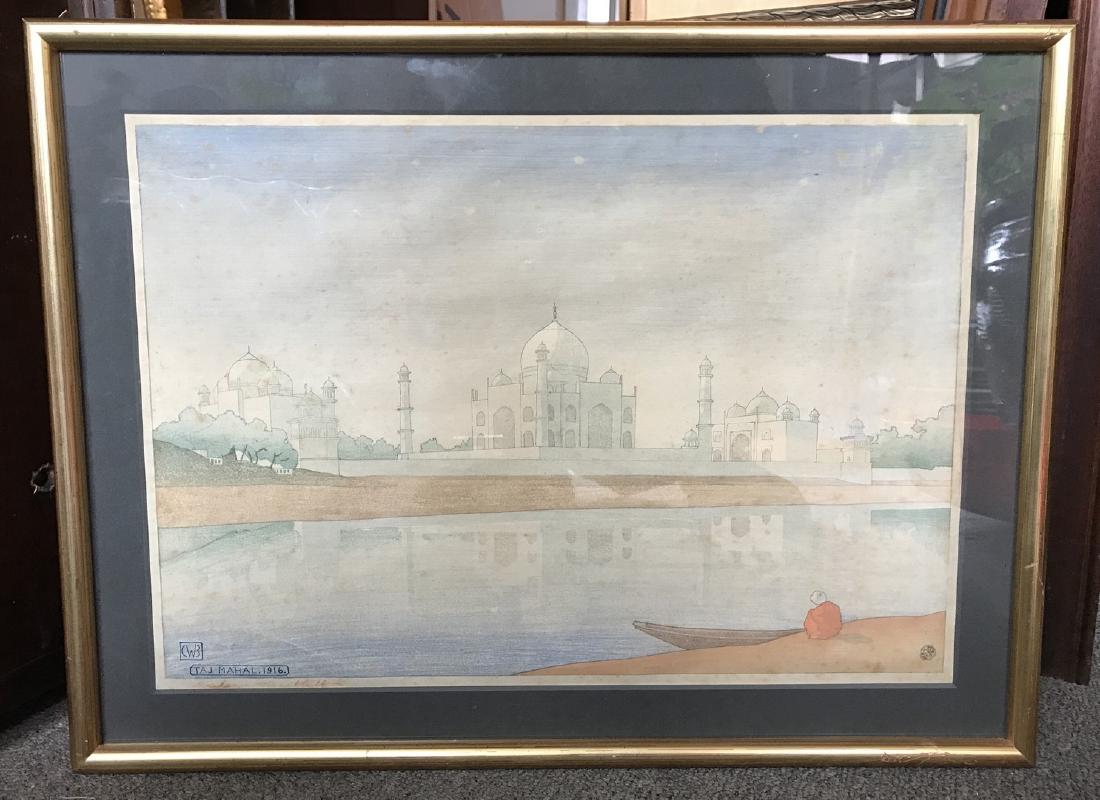 Taj Mahal by Charles Bartlett: Mix Media, Sight Size Approx. 10.75" x 15.5" Monogramed and titled lower left, Modern Frame some wear, image has some foxing, otherwise good condition.
