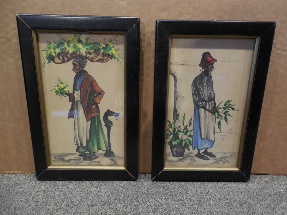 Black Women with Flowers: This is a pair of watercolors on paper. They're each artist signed on the lower right, Alice Scott, and dated 1947. They each measure approximately 7 inches by 4 inches. Each watercolor is in very goo
