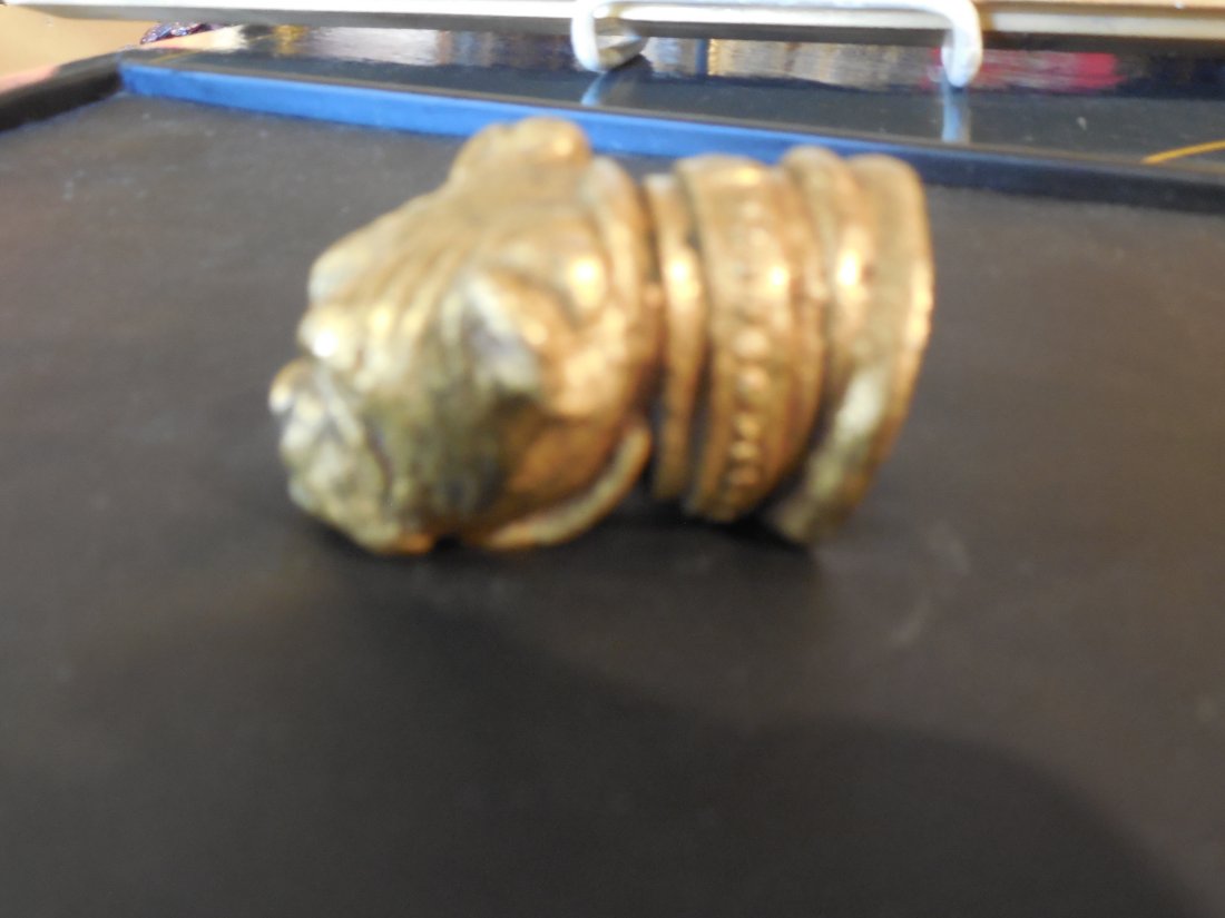 Tiffany Bulldog Paperweight: This is a gilded bronze Bulldog paperweight marked Tiffany on the base. It measures approximately 2 inches by 1 1/4 inches. The stamp on the base says Tiffany Studios N.Y. , and it appears to be numbe