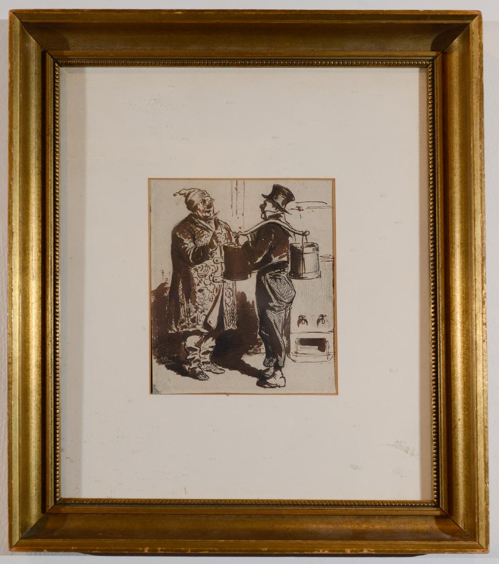 Watercolor Drawing of a Water Carrier: Sight size 5 1/2 x 5 inches approx Attributed Honore Daumier.
