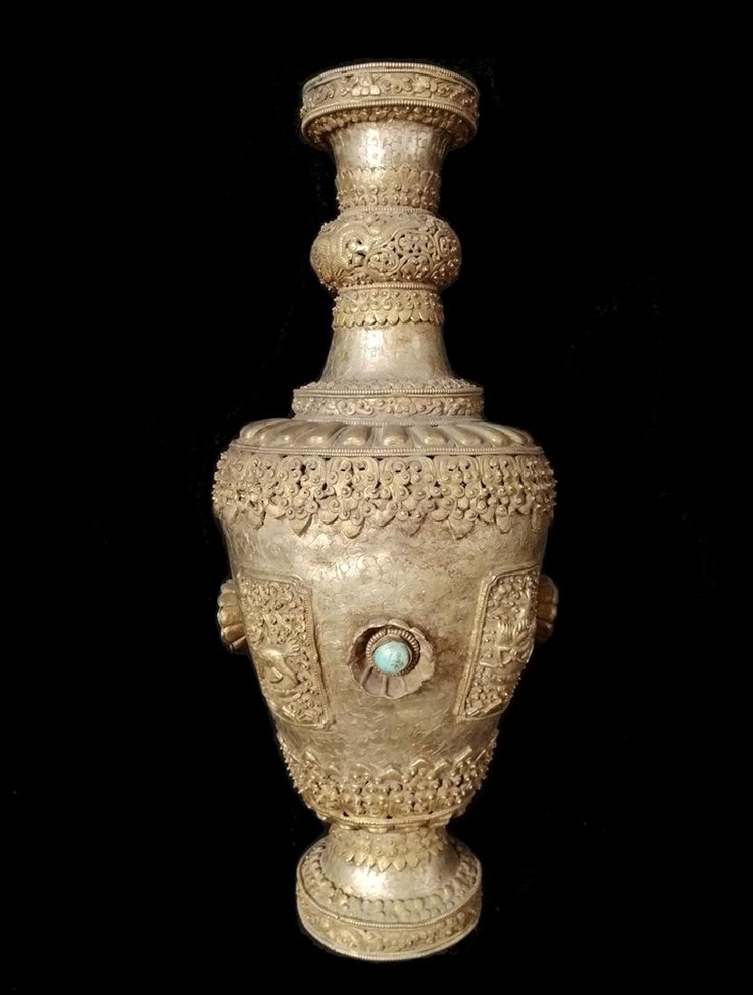 A CARVED GEM-INLAID SILVER VASE , Ming Dynasty (1 of 10)