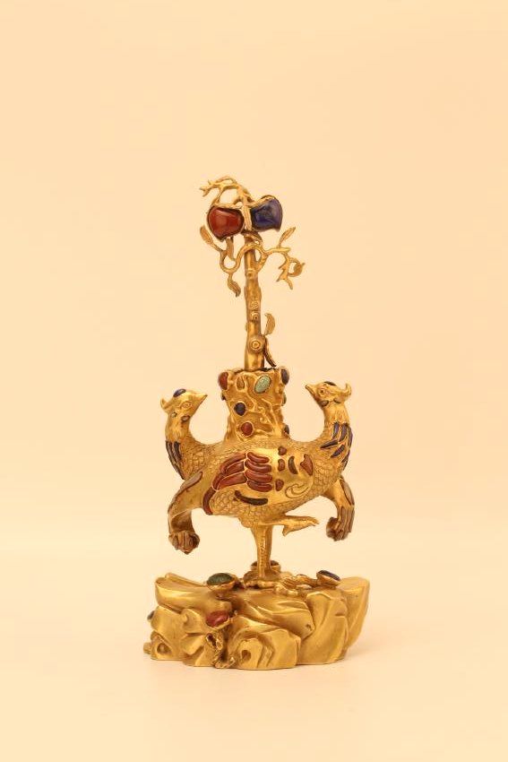 A CARVED GEM'S INLAID GILT-BRONZE DOUBLE PHOENIXS.QING (1 of 6)