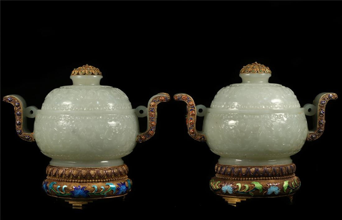 A PAIR OF GILT-SILVER-INLAID WHITE JADE CENSER AND (1 of 9)