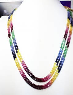 Natural Ruby Sapphire Emerald Necklace - 150 ct.: Natural Ruby Sapphire Emerald Beads Necklace - 150 ct. , 4 Lines , Standard Size Necklace , Facet Cut Beads , Good Quality with Luster.