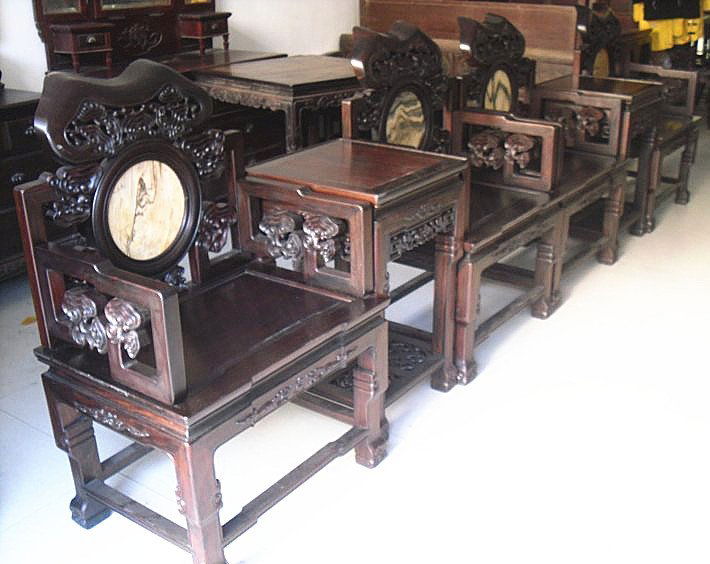 Three Set of Old Chinese Rosewood Armchair & Tea Table: Set of Old Chinese Rosewood Carved Marble inlaid Armchair & tea Table consisting 6 armchairs and three tea tables , late 19th century , in very good used condition without any damage , size: 71.5 ( L