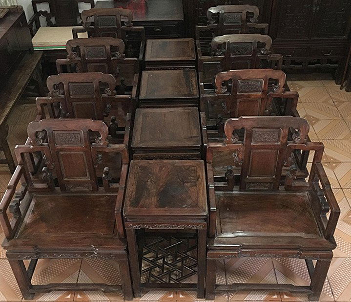 4 Pair of Old Chinese Rosewood Armchairs: 4 Pair of Old Chinese Rosewood Armchairs totaling 8 armchairs and 4 tea tables , a rare find , a whole set furniture for tradition Chinese receiving hall , 19th century , in very good used condition ,