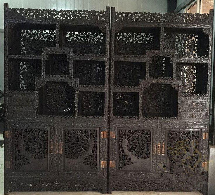 Old Pair Chinese Zitan Wood Carved Treasure Cabinets (1 of 5)