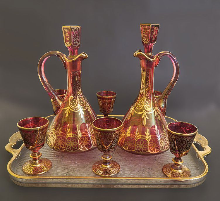 Beautiful Bohemian Gold Plated Red Crystal Liquor Set (1 of 4)