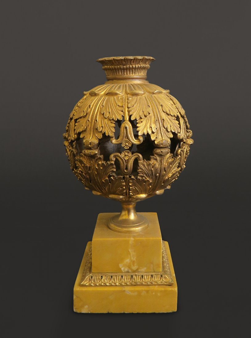 A French Gilt Bronze Incense Burner Mounted On Marble: A French Gilt Bronze Incense Burner Mounted On Marble. H: 8" D: 4-3/4"