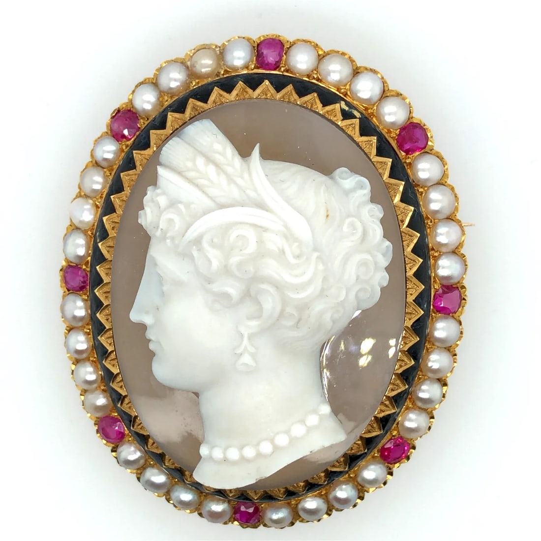 MAGNIFICENT 18K YELLOW GOLD ONYX, RUBY +PEARL CAMEO (1 of 6)