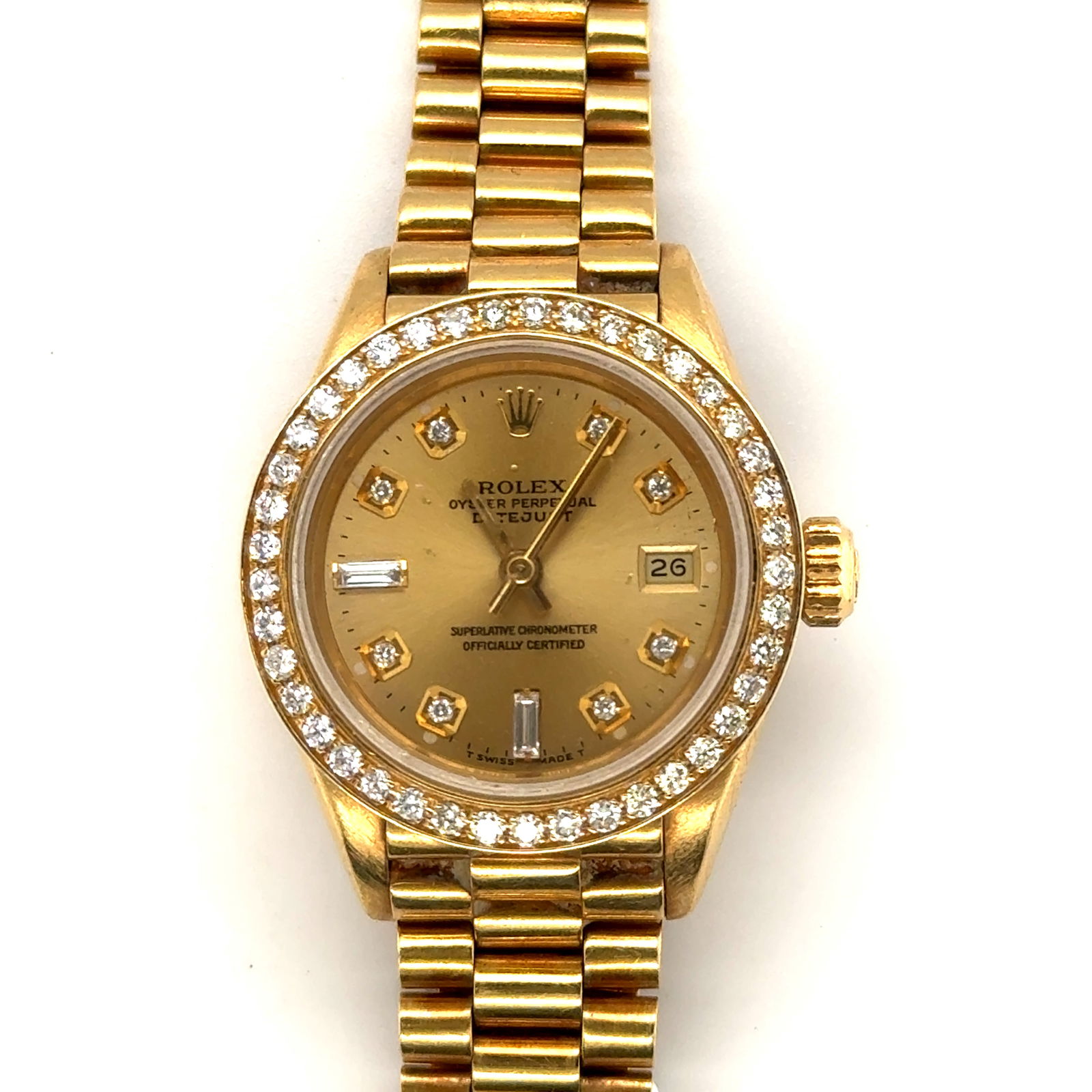 Ladies 18K Solid Gold Diamond Bezal Diamond Dial President Rolex Watch (1 of 8)
