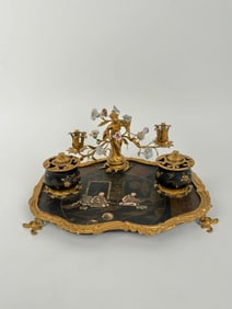 19th Century French Chinoiserie Gilt Bronze & Lacquered Inkwell By Maison Millet
