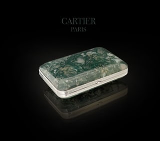 A CARTIER Moss Agate And Silver Cigarette Case