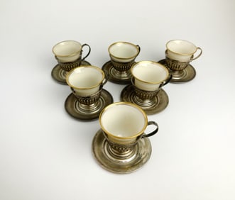 Set Of 6 Sterling Silver & Porcelain Lenox Cup & Saucer