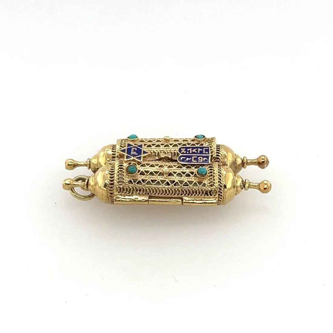 18K Yellow gold Enamel & Tourquise Jewish "TORAH": nia enamelling, granulation, beaded gold work. Measures: 1 1/2" long. Condition: Good.
