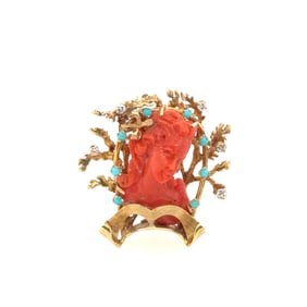 Victorian 14k Yellow Gold Coral Cameo Brooch