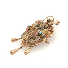 Victorian 18k Yellow Gold Pearl, Torquoise Pendant / Brooch