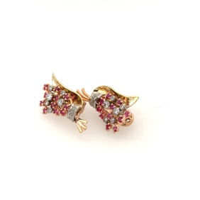 Ladies Retro 14K Yellow & Rose Gold, Diamond & Burmese Ruby Earrings.