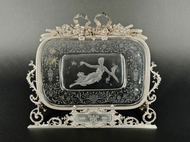 Magnificent 19th Hand Carved Glass Mounted Sterling Silver Decorative Plate