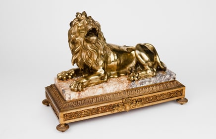 Large 19th Century Gilt Bronze Roaring Lion Mounted On A Ormolu Mounted Base