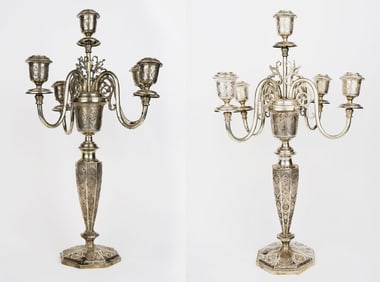 Pair Of Large Persian 84 silver  Five Lights Candelabras. Iran, Circa 1900