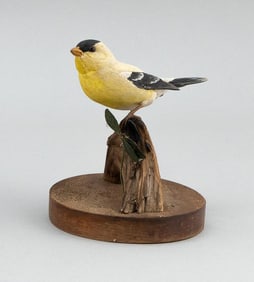 ROBERT & VIRGINIA WARFIELD GOLDFINCH ON WOODEN BASE
