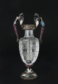 A Carved Rock Crystal, Enameled Silver Gem Set Miniature Vase, Austria, 1880