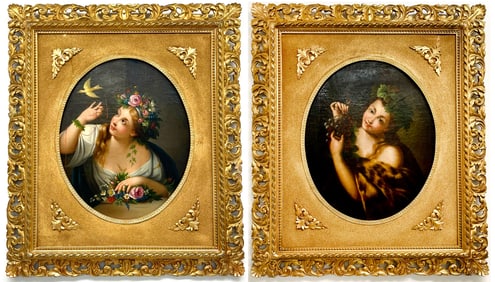 Pair of French Oil on Canvas Paintings with Rococo Giltwood Frames