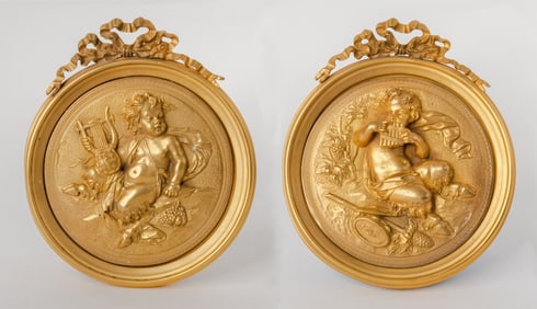 Pair of French Gilt Bronze Round Figural Wall Plaques, France, 19th Century