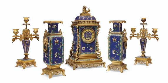 French Japonaise Ormolu & Champleve Enamel Five-Piece Clock Garniture