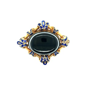 Victorian 18K Yellow Gold Banded Agat & Blue Enamel Pin