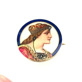 Art Nouveau Swiss Enamel 18K Yellow Gold & Diamond Pin