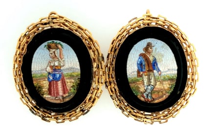 Victorian Pair of Italian 14K Micromosaic Pendant