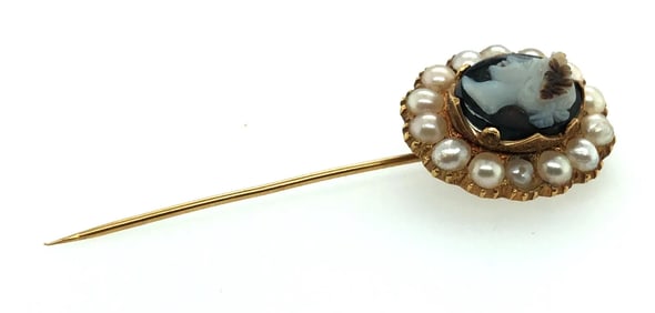 Victorian 14K Gold 3 Layer Agate Cameo Pearl Stick Pin