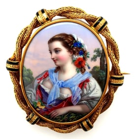 Art Nouveau 18K Yellow Gold & Swiss Enamel Brooch