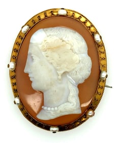 Victorian 14K Agate Cameo & Natural Pearl Brooch