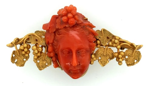 Victorian Italian 14K Yellow Gold Coral Cameo Brooch
