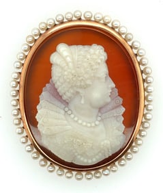 Victorian 14K Yellow Gold Agate Cameo & Pearl Pendant
