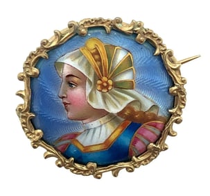 Art Nouveau Silver on Gold Swiss Enamel Round Pin