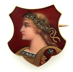 Art Nouveau 18K Yellow Gold Swiss Enamel Pin with